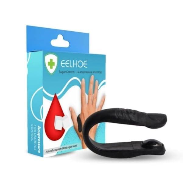 Black hand acupressure clip with EELHOE Sugar Control LI4 Acupressure Point Clip packaging on a white background