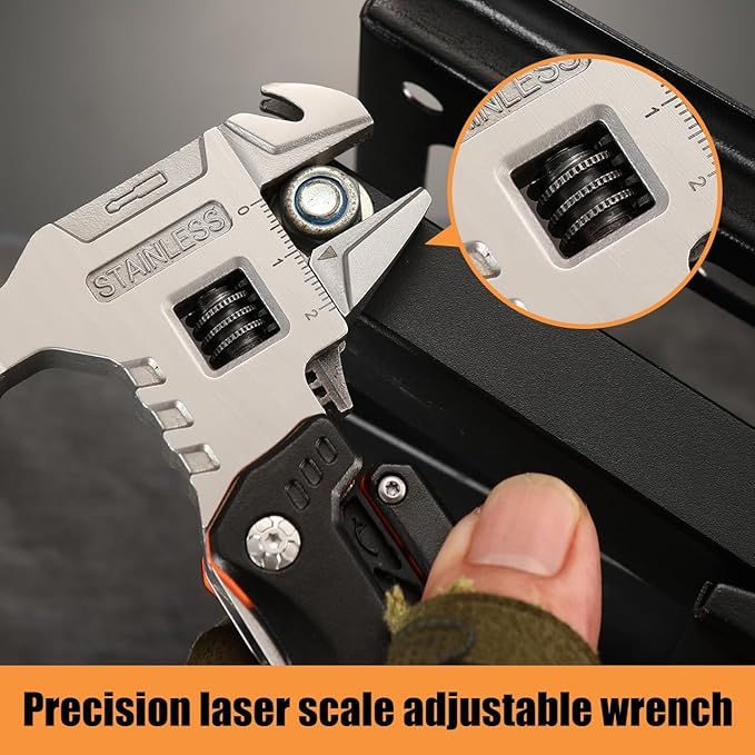 Close-up of the multitool's adjustable wrench jaws with a laser-etched measurement scale, text reads 'Precision laser scale adjustable wrench'.