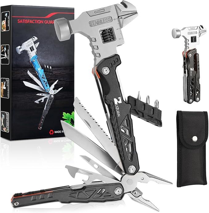 Multitool with hammer, knife, and various tools on a white background