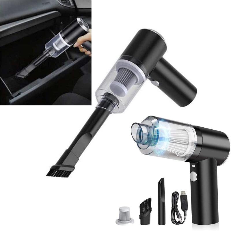 Black handheld vacuum cleaner with attachments on a white background