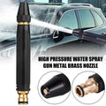 High pressure water spray gun with metal brass nozzle being used to wash a car, with close-up details of the nozzle.