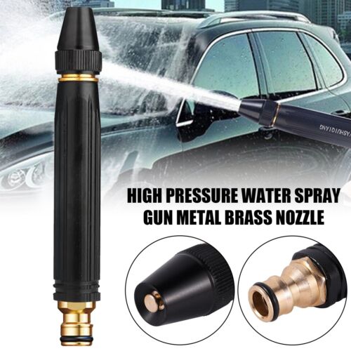 High pressure water spray gun with metal brass nozzle being used to wash a car, with close-up details of the nozzle.