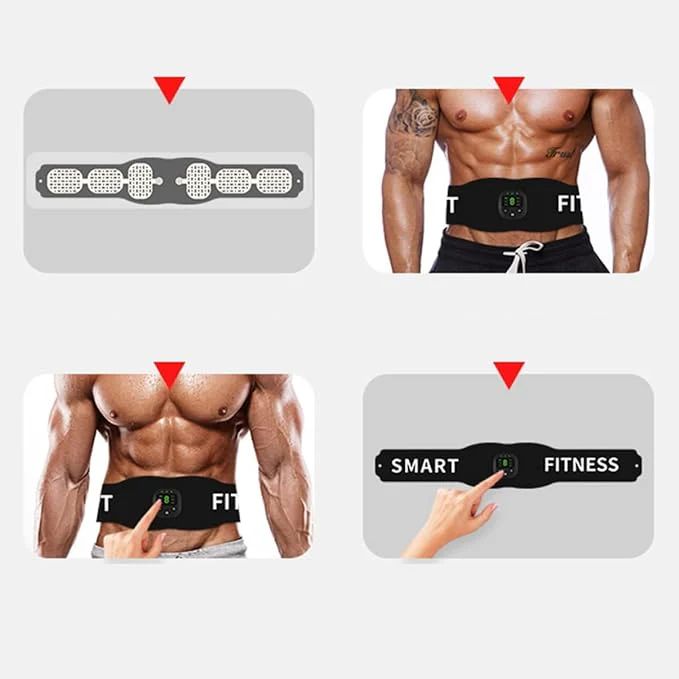 Four product photos of the black fitness belt: clasp detail, worn on the abdomen, and a hand pressing its digital display button
