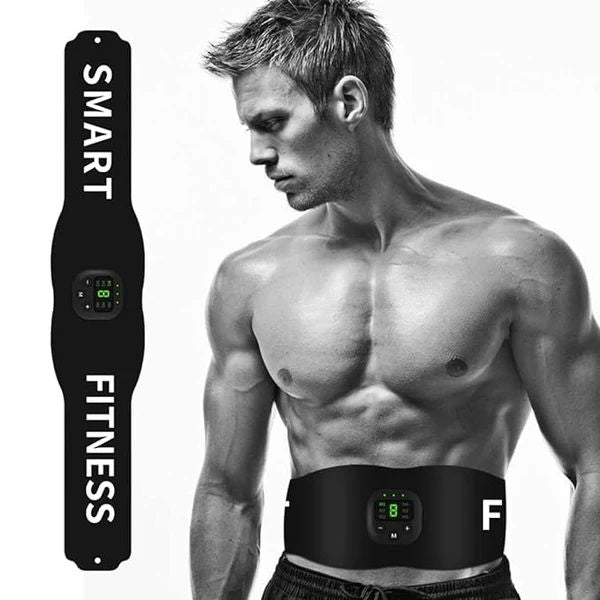 Man wearing a smart fitness belt with digital display on a white background