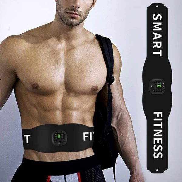 Man wearing a black smart fitness belt with digital display, next to an additional smart fitness belt on a gray background.