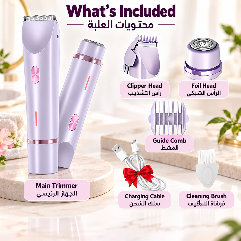 Women's body trimmer kit with clipper head, round foil head, guide comb, USB cable and cleaning brush